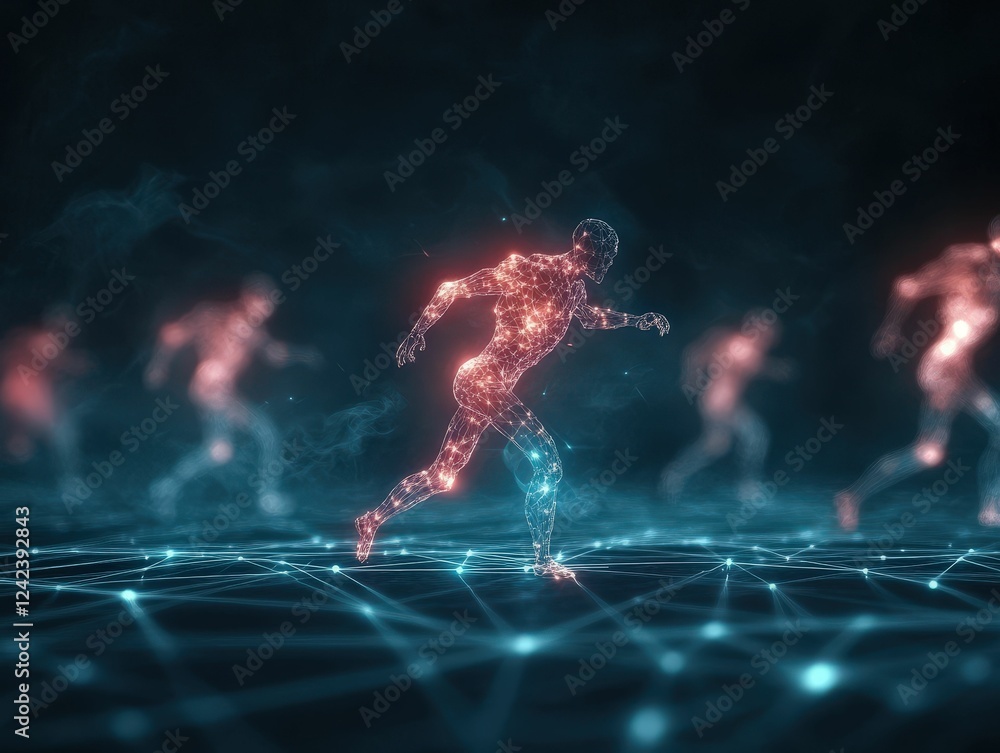 Poster a digital representation of a running figure composed of glowing particles, set against a network-li