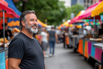Lively Urban Food Truck Rally with Colorful Stalls and Friendly Atmosphere