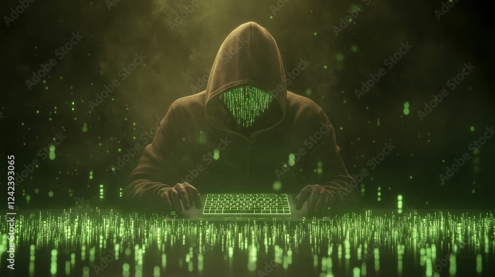 Poster futuristic hacker typing in neon green matrix environment digital world cybersecurity concept