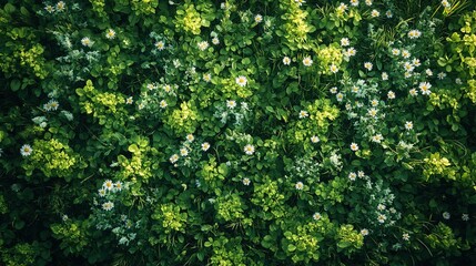 Fototapeta premium Daisies blooming in lush green meadow, aerial view, spring background/texture