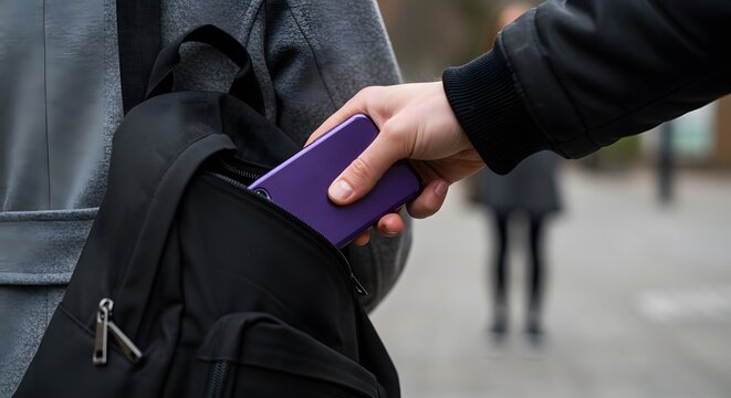 Thief Stealing Phone From Backpack Outdoors