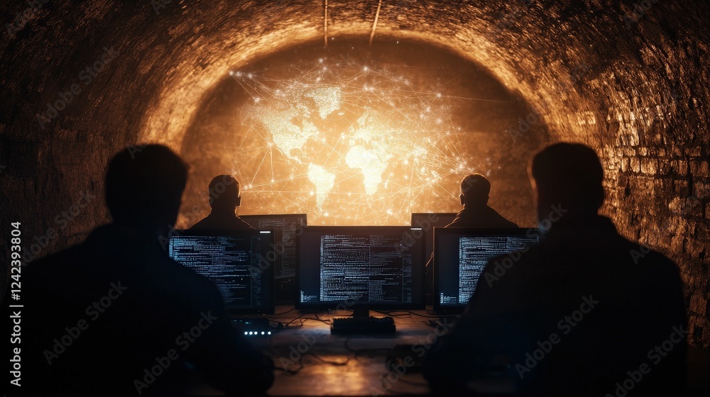 Aufkleber hacker group convenes in dimly lit underground bunker for cyber operations global network analysis t