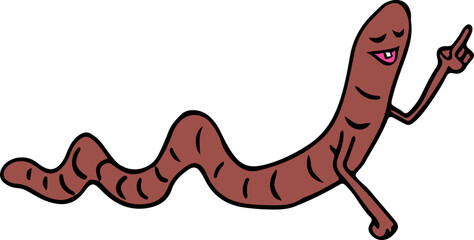smiling long earthworm raised one hand and points index finger up