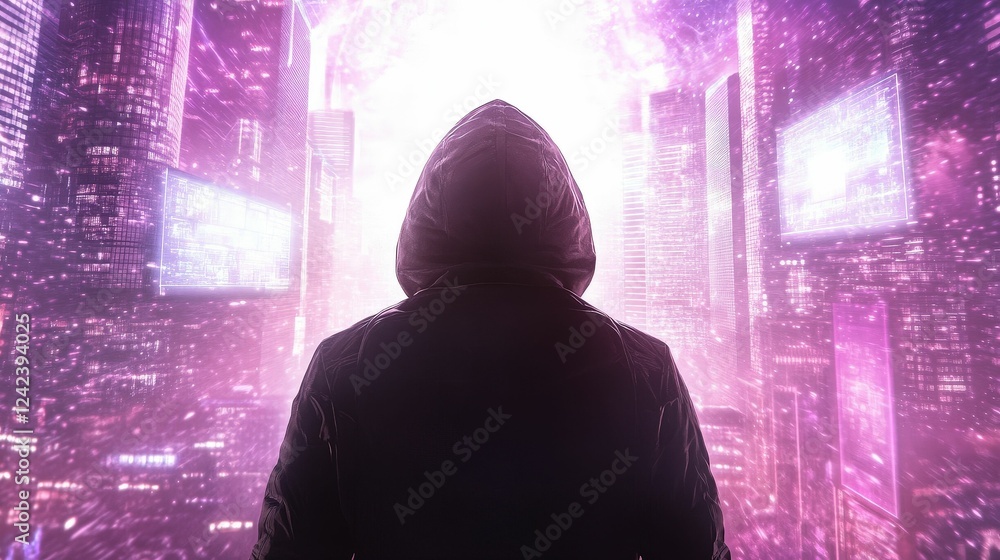 Poster lone hacker navigates high-tech cityscape futuristic digital realm cyberpunk environment captured in