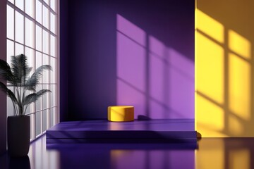 3d icon, Ray tracing reflections, room with modern renovation, dark violet and yellow color