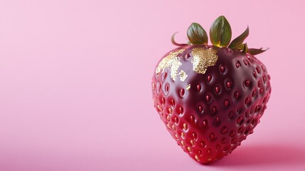 Golden-leafed strawberry on pink, food photography, dessert background