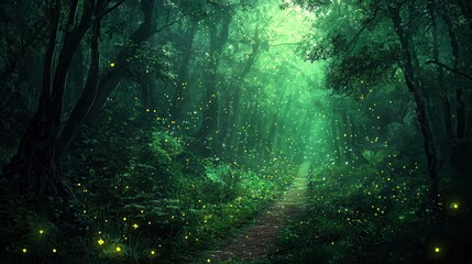 Enchanted Deep Forest Bathed in Emerald Green Light and Shadows