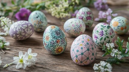 Fototapeta premium A collection of Easter eggs decorated with intricate designs, arranged carefully on a rustic wooden table.