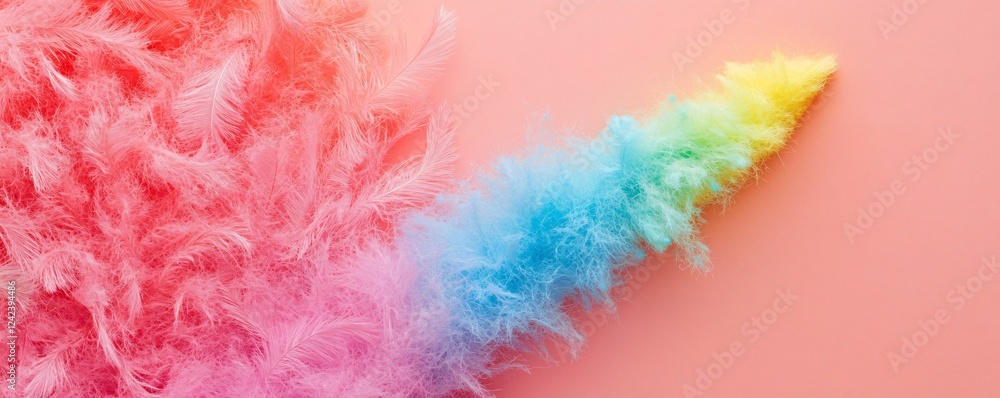Aufkleber Fluffy rainbow feathers arranged in arrow shape pointing right on a pink background