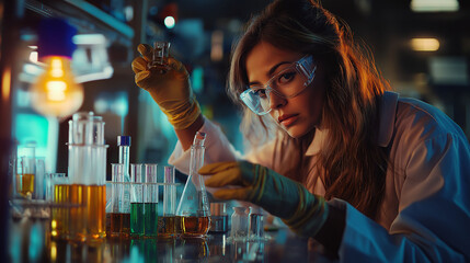 A female chemist mixing colorful chemicals in glass beakers, the lab sparkling with bright, clean lighting and the atmosphere full of focus and curiosity