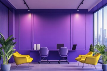 Design a minimalist office interior with a bold and vibrant purple background (#9D75F2). The furniture should have a geometric and modern design