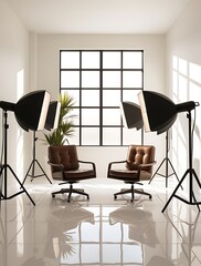 Contemporary studio interview space featuring two stylish leather chairs, professional lighting, and a bright, open atmosphere, perfect for media productions, podcasts, and discussions

