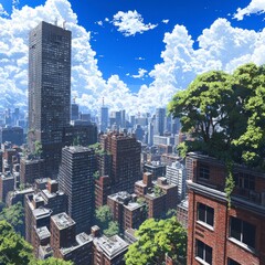 Anime Cityscape  Summer Skyscrapers  Lush Greenery  Sunny Day