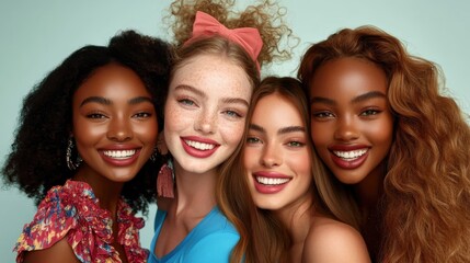 Fototapeta premium Four diverse women smiling closely together. Illustrates beauty, friendship, and inclusivity for diverse marketing campaigns.
