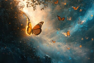 Abstract Depiction of Chrysalis Breaking Open with Butterflies
