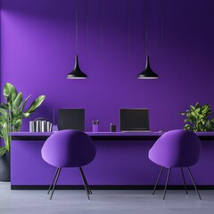 Design a minimalist office interior with a bold and vibrant purple background (#9D75F2). The furniture should have a geometric and modern design, such as simple cubic shapes or sleek angular forms