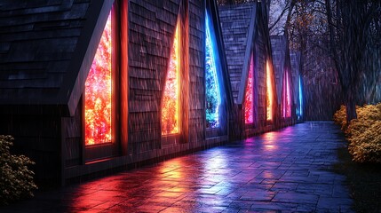 Fototapeta premium Vibrant illuminated windows of modern architecture reflecting in a rainy evening setting