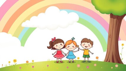 Illustration of a vibrant rainbow with two cheerful cloud characters, perfect for kids' print design, illustration, characters, children