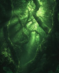 Fototapeta premium Ancient Twisted Trees Covered in Glowing Moss in Enchanted Forest