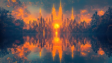 Obraz premium An abstract futuristic cityscape reflected in a glowing mirrored river