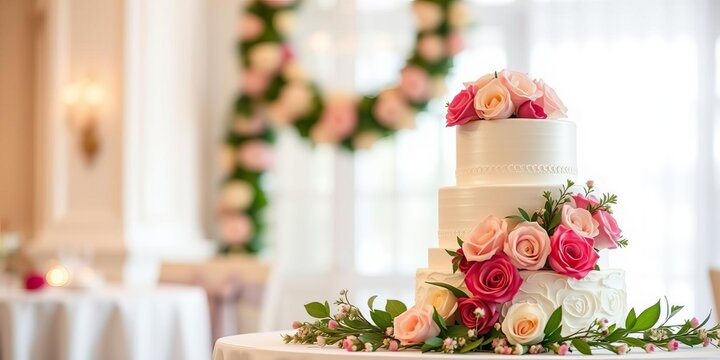 Elegant three tier wedding cake with delicate flowers on romantic reception table, marriage, flowers, event