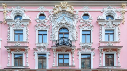 Fototapeta premium Pink building facade with ornate stucco and windows.