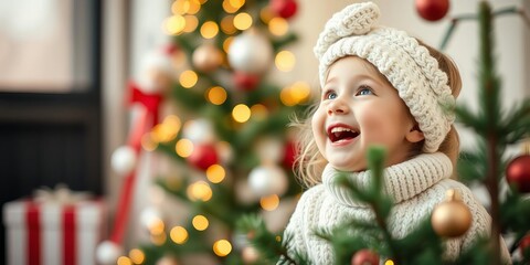 Excited young child eagerly awaits by the festively decorated Christmas tree, eyes wide with joy and anticipation, girl, Christmas, joy