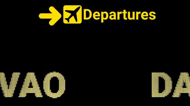 Black Background Animated Departures Sign Board with LED Text at DAVAO Airport. Suitable for digital signage solutions, airport advertisements, travel promotions, and aviation-themed commercials