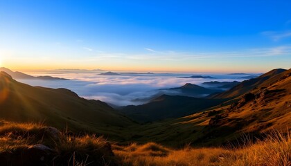 Sunrise over misty mountain range with golden grassy slopes, blue sky, and distant peaks fading into the horizon.