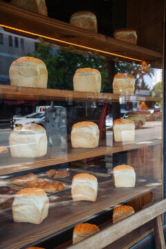 Bread on display behind window