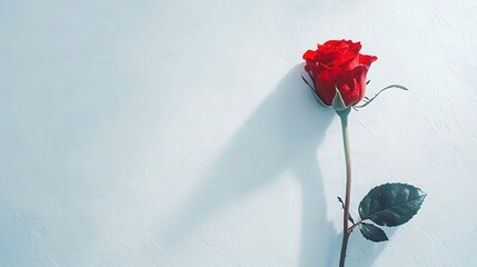 A single red rose is standing on a white background