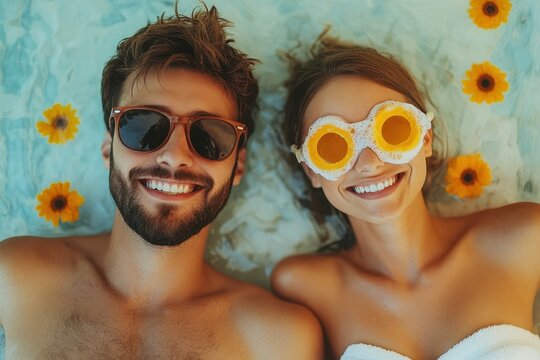 Happy couple relaxing in a pool, wearing quirky eyewear. Perfect for summer, travel, or spa promotion imagery.