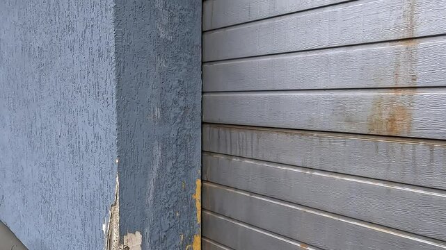 Weathered building exterior with raindrops on wall during rainy day, detail of old paint and wet surface chipped at base of garage