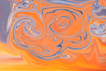 Abstract Marble Waves Acrylic Background. Gray Orange Marbling Texture. Agate Ripple Pattern.
