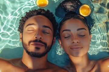 Relaxed couple floats in turquoise water, eyes closed, orange slices nearby. Perfect for spa, wellness, or travel promotions emphasizing tranquility and rejuvenation.