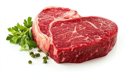 Fototapeta premium Fresh Raw Ribeye Steak Isolated on White Background with Sprigs of Parsley and Ground Pepper for Culinary or Food Preparation Concepts