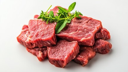Fresh Cuts of Raw Beef with Green Herb Garnish Arranged Aesthetically on a Plain White Background, Perfect for Cooking and Culinary Presentations
