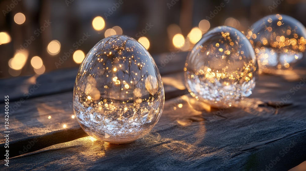 Aufkleber elegant glass eggs with sparkling lights on wooden surface creating a magical and enchanting atmosph