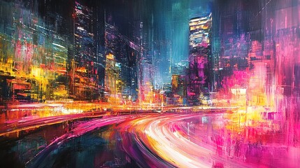 A futuristic cityscape in oil painting textures with glowing neon light trails