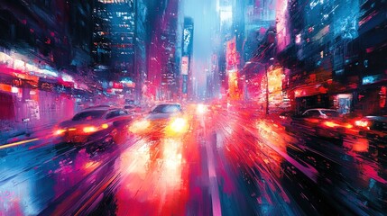 Obraz premium A futuristic cityscape in oil painting textures with glowing neon light trails