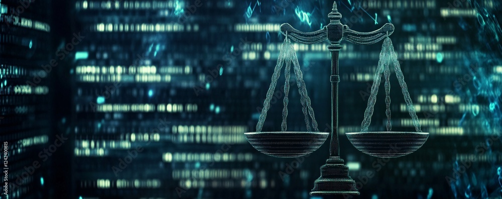 Poster digital data stream shaping the concept of cyber law and litigation in the digital age, with scales 