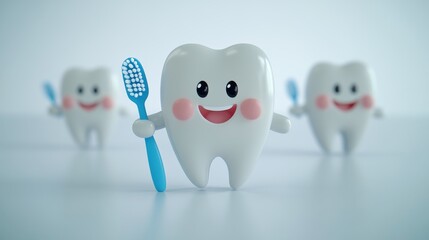 Obraz premium A animated depiction of a smiling tooth holding a blue toothbrush, set against a clean white background.