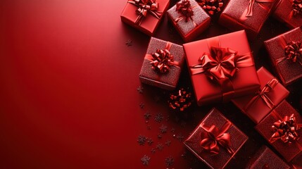 Pile of red gift boxes with bows on red background.
