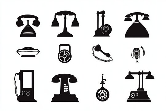 Vintage Telephone Icons Set - Retro Communication Devices Silhouette Illustrations