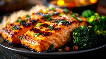  Photo of a Plate with Grilled Salmon, Broccoli, and Ancient Grains for a Nutritious Meal