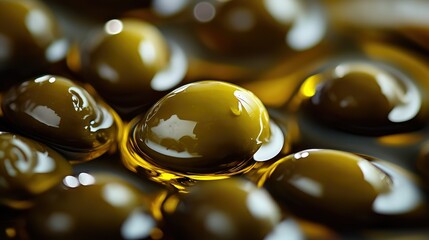 Close-Up View of Glistening Olive Oil Droplets on a Reflective Surface Capturing the Essence of Culinary Ingredients and Organic Cooking in a Visual Feast