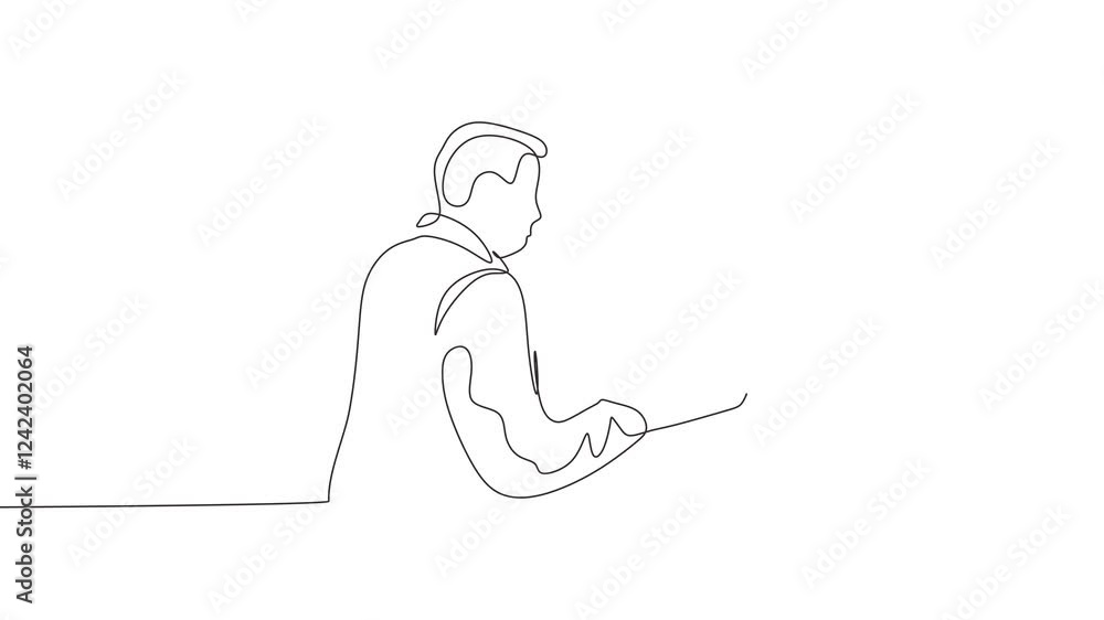 Poster continuous one line drawing animation of man working on laptop. animation person doing his job with 