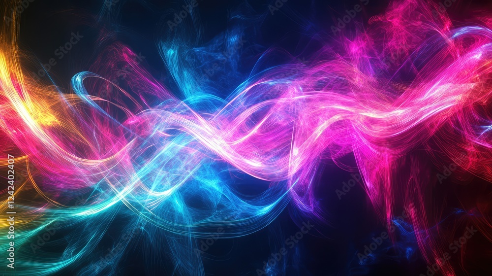 Poster vibrant abstract waves of colorful light with a mystical glow creating a dynamic energy flow in a da