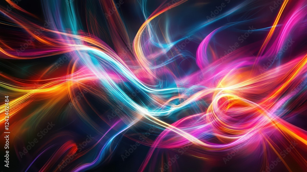 Poster vibrant abstract light trails and colorful swirls illuminating a dark background, creating a dynamic