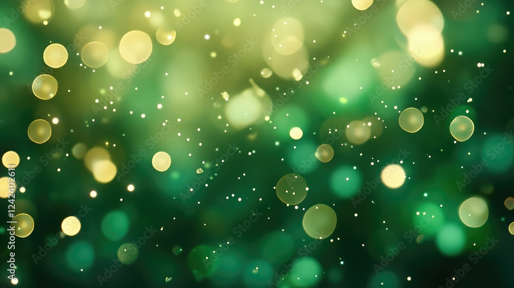 Poster soft green and gold bokeh background with blurry lights creating a dreamy atmosphere perfect for nat